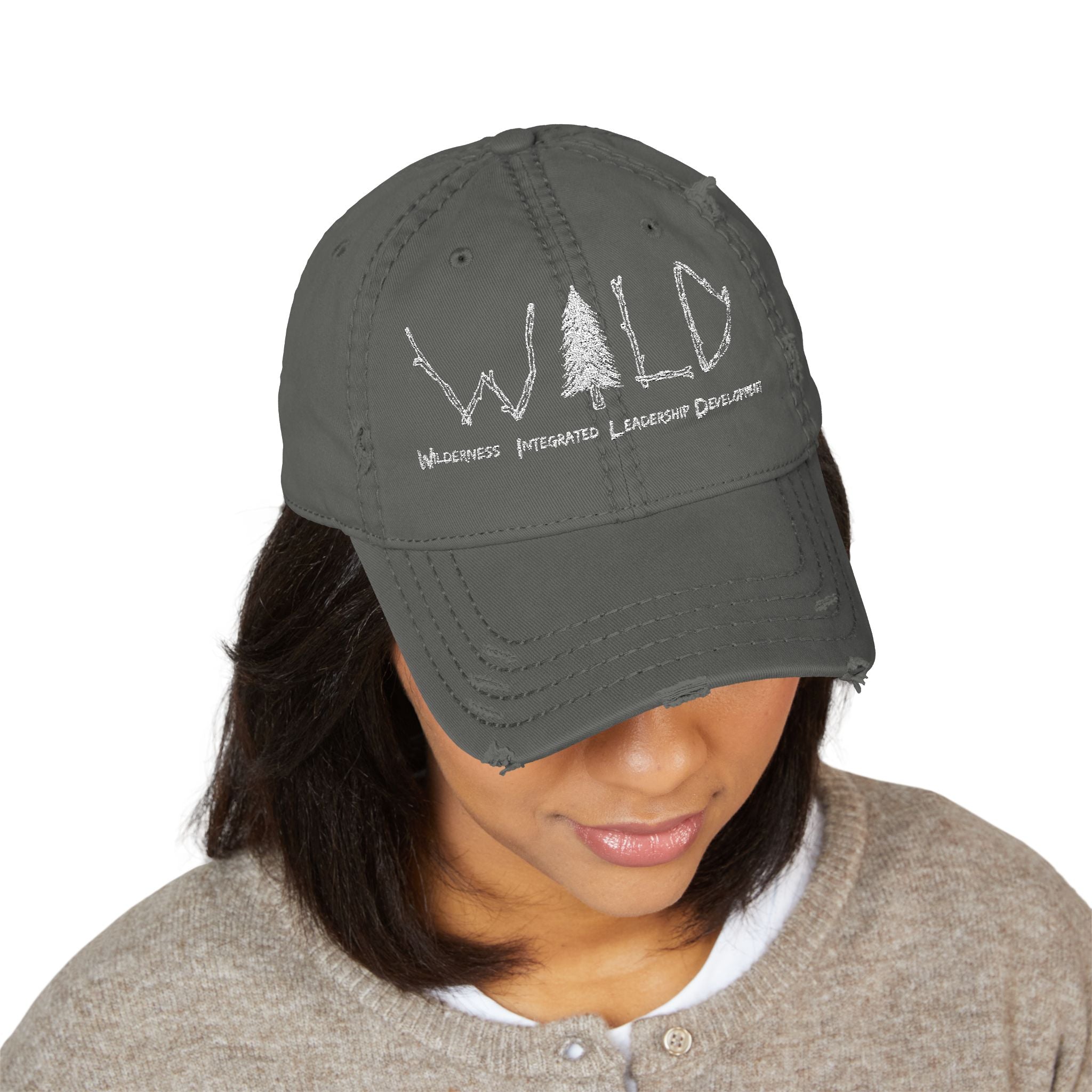 WILD Embroidered Distressed Dad Hat — Rustic Tree Outdoor Cap
